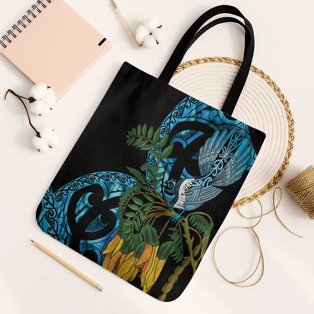 Turquoise New Zealand Kowhai And Piwakawaka Tote Bag Maori Ngaru Paua Shell - Aussie Hoodie