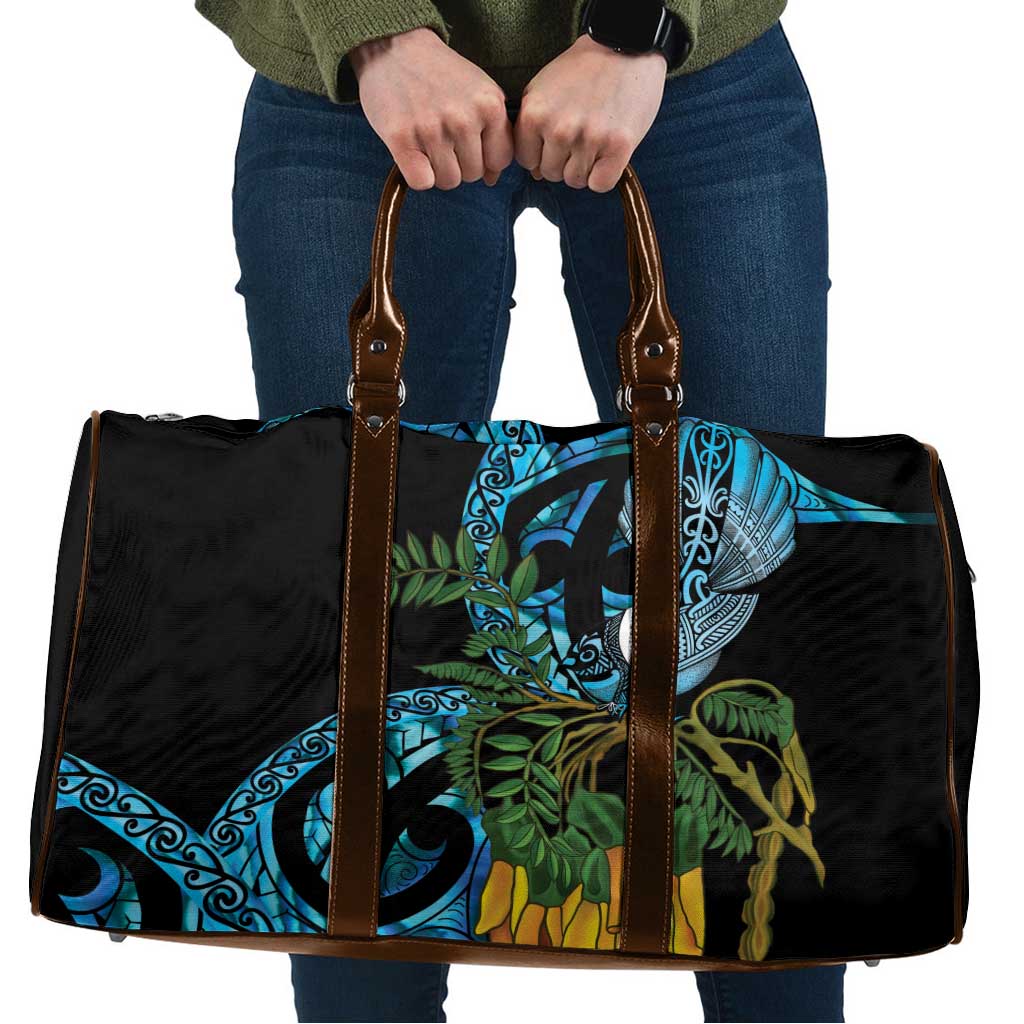 Turquoise New Zealand Kowhai And Piwakawaka Travel Bag Maori Ngaru Paua Shell - Aussie Hoodie
