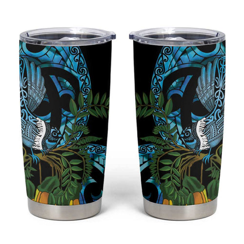 Turquoise New Zealand Kowhai And Piwakawaka Tumbler Cup Maori Ngaru Paua Shell
