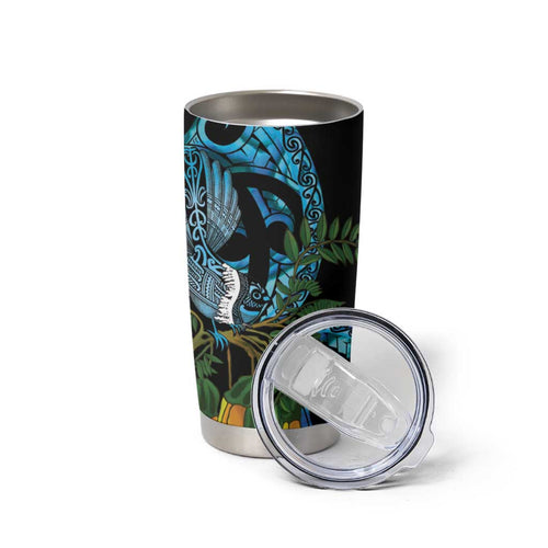 Turquoise New Zealand Kowhai And Piwakawaka Tumbler Cup Maori Ngaru Paua Shell