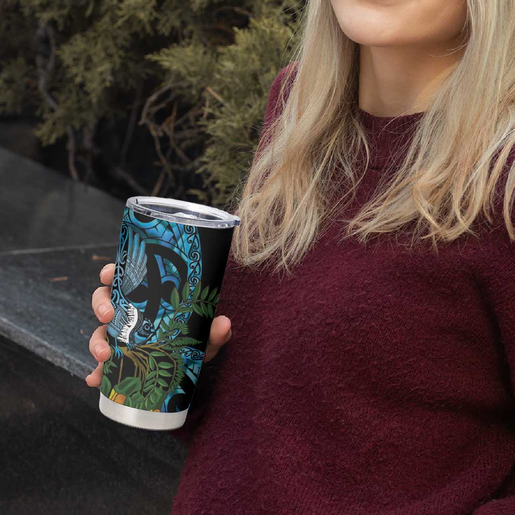 Turquoise New Zealand Kowhai And Piwakawaka Tumbler Cup Maori Ngaru Paua Shell