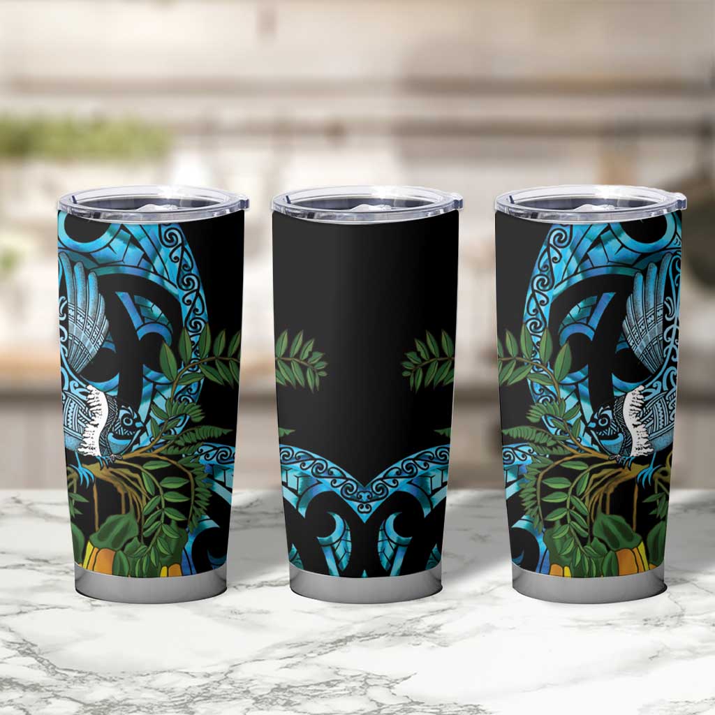 Turquoise New Zealand Kowhai And Piwakawaka Tumbler Cup Maori Ngaru Paua Shell