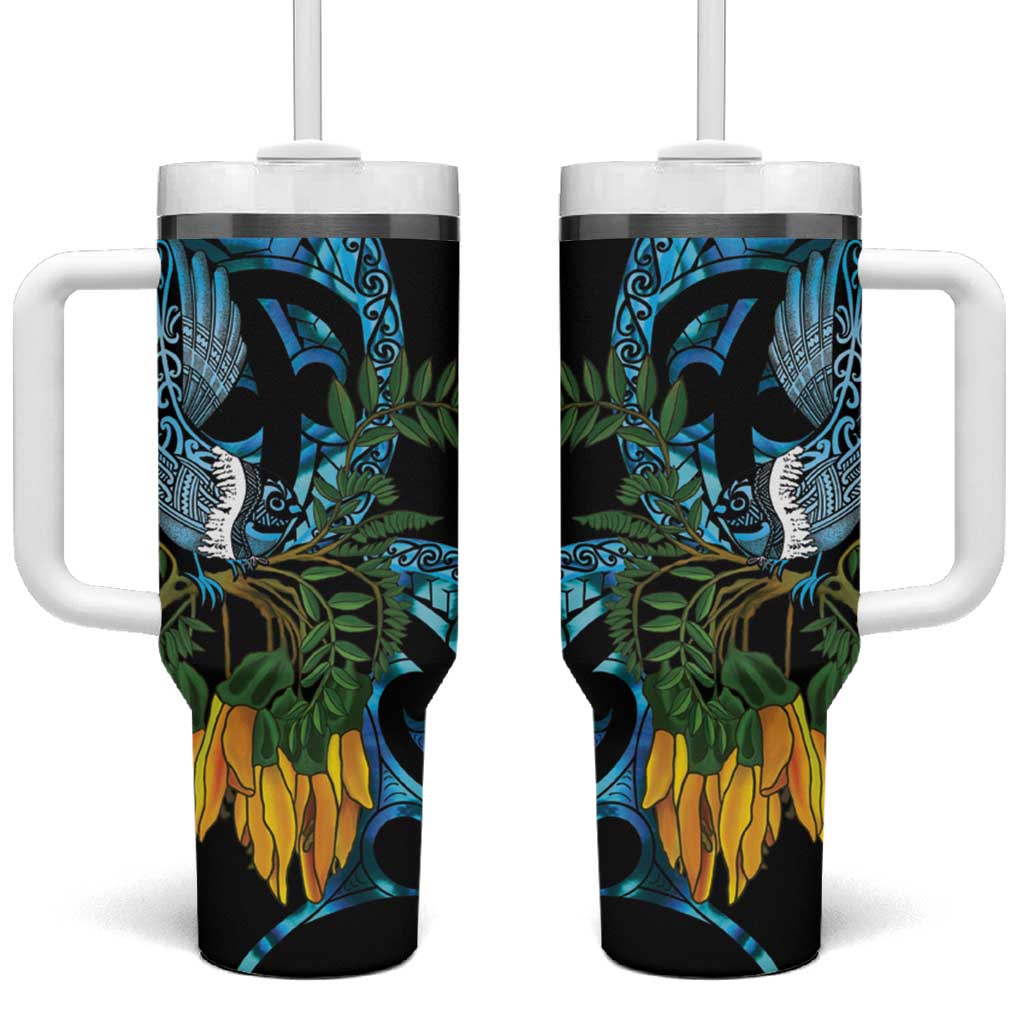 Turquoise New Zealand Kowhai And Piwakawaka Tumbler With Handle Maori Ngaru Paua Shell