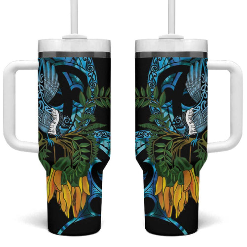 Turquoise New Zealand Kowhai And Piwakawaka Tumbler With Handle Maori Ngaru Paua Shell