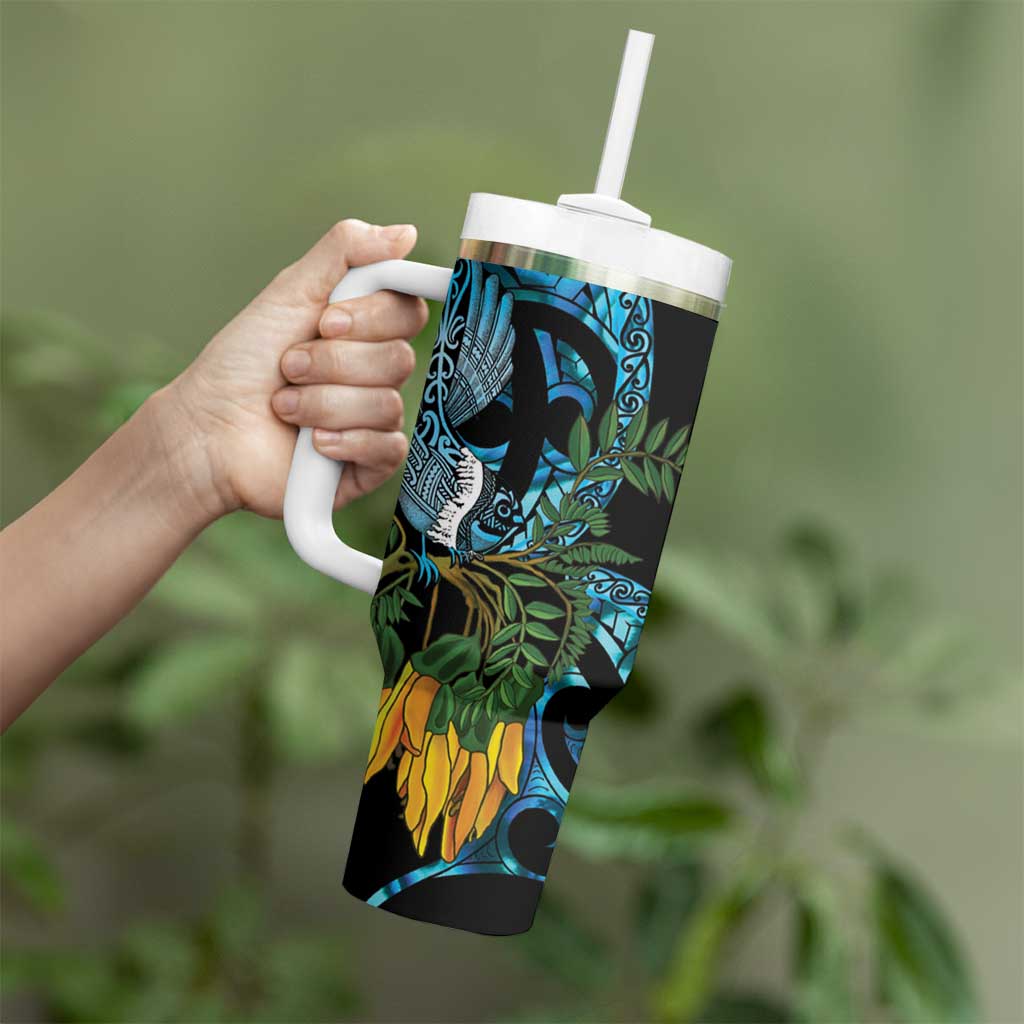 Turquoise New Zealand Kowhai And Piwakawaka Tumbler With Handle Maori Ngaru Paua Shell