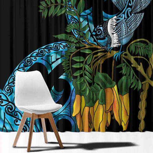 Turquoise New Zealand Kowhai And Piwakawaka Window Curtain Maori Ngaru Paua Shell