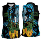 Turquoise New Zealand Kowhai And Piwakawaka Women Sleeveless Polo Shirt Maori Ngaru Paua Shell
