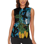 Turquoise New Zealand Kowhai And Piwakawaka Women Sleeveless Polo Shirt Maori Ngaru Paua Shell