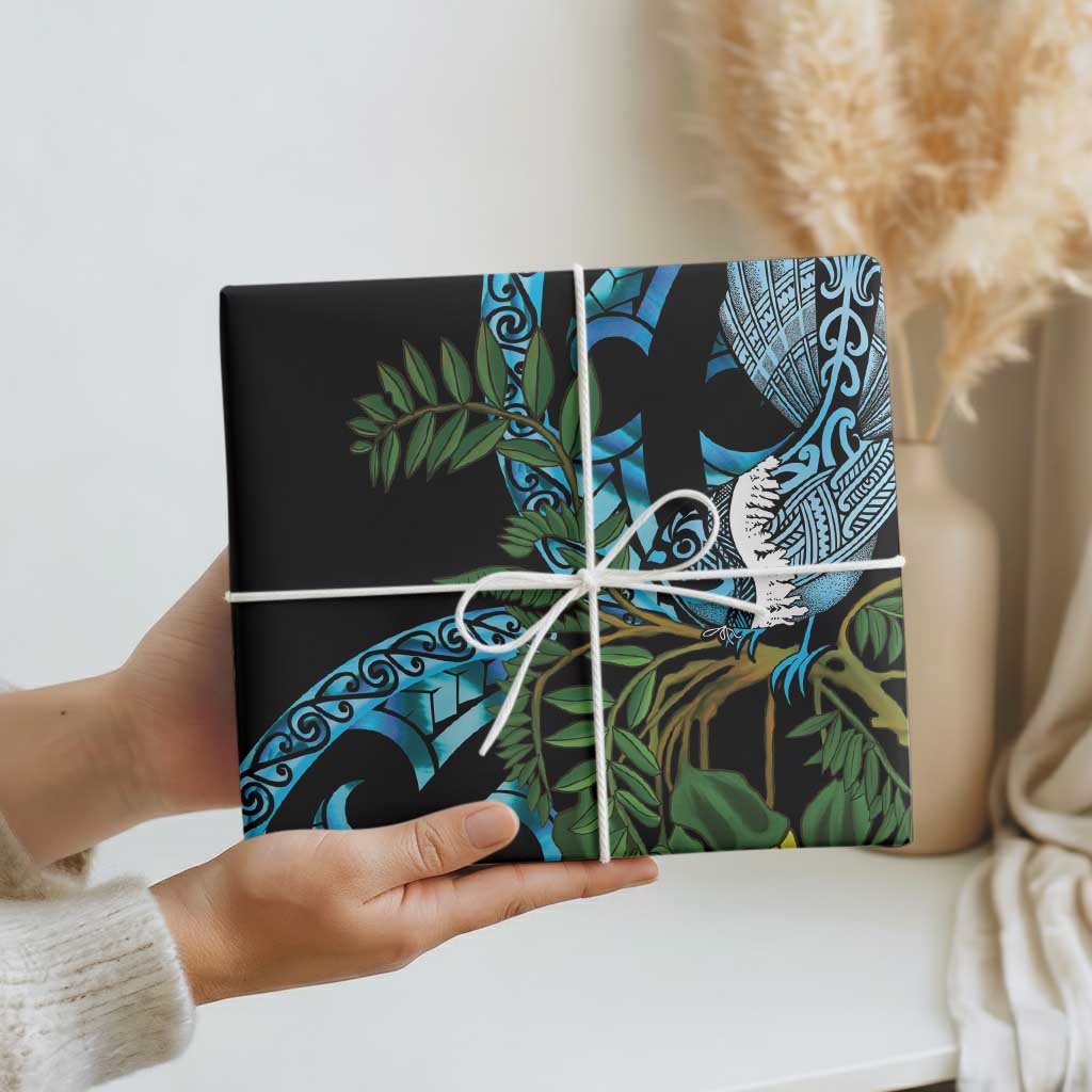 Turquoise New Zealand Kowhai And Piwakawaka Wrapping Paper Maori Ngaru Paua Shell - Aussie Hoodie