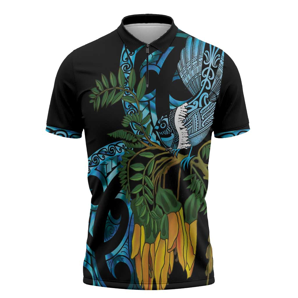 Turquoise New Zealand Kowhai And Piwakawaka Zipper Polo Shirt Maori Ngaru Paua Shell - Aussie Hoodie