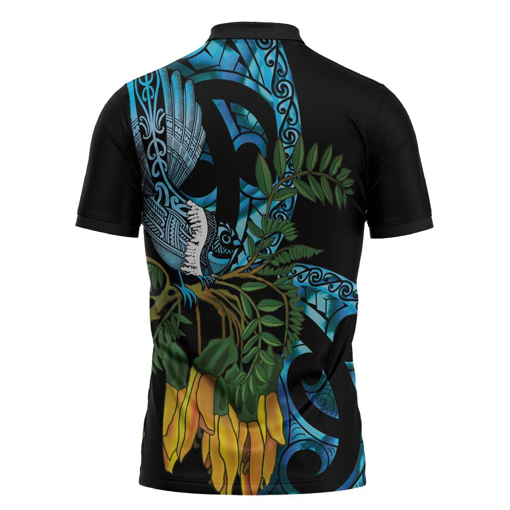 Turquoise New Zealand Kowhai And Piwakawaka Zipper Polo Shirt Maori Ngaru Paua Shell - Aussie Hoodie