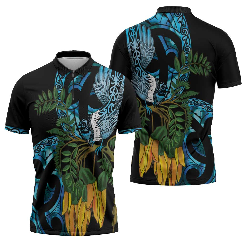 Turquoise New Zealand Kowhai And Piwakawaka Zipper Polo Shirt Maori Ngaru Paua Shell - Aussie Hoodie