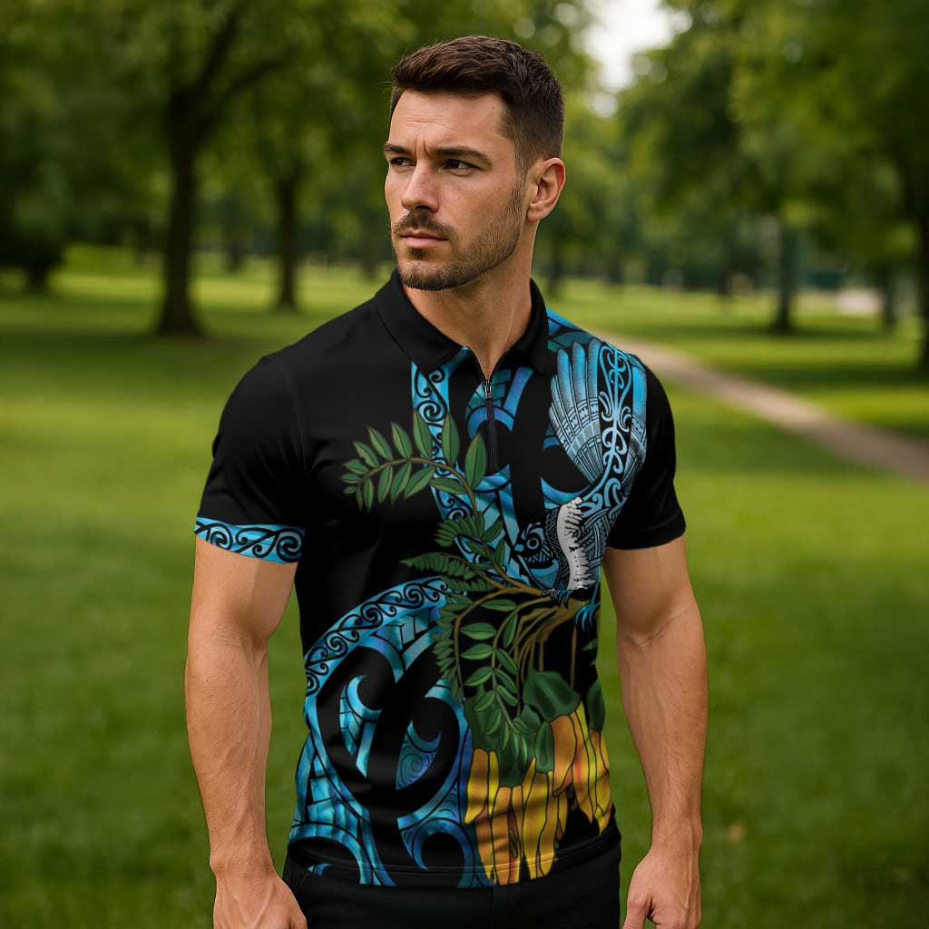 Turquoise New Zealand Kowhai And Piwakawaka Zipper Polo Shirt Maori Ngaru Paua Shell - Aussie Hoodie