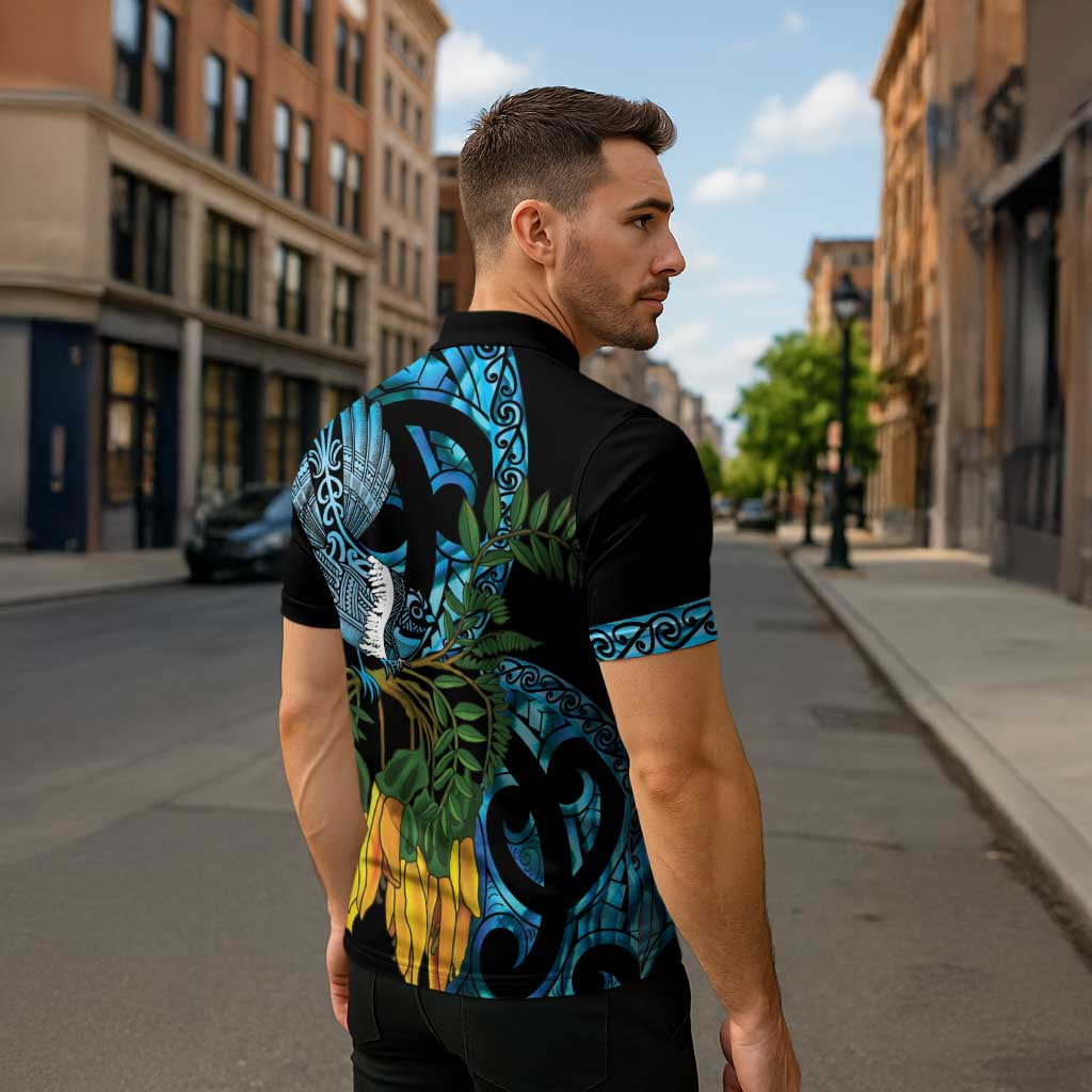 Turquoise New Zealand Kowhai And Piwakawaka Zipper Polo Shirt Maori Ngaru Paua Shell - Aussie Hoodie