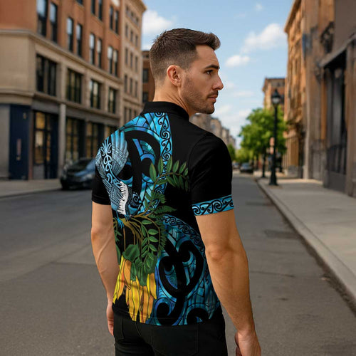 Turquoise New Zealand Kowhai And Piwakawaka Zipper Polo Shirt Maori Ngaru Paua Shell - Aussie Hoodie