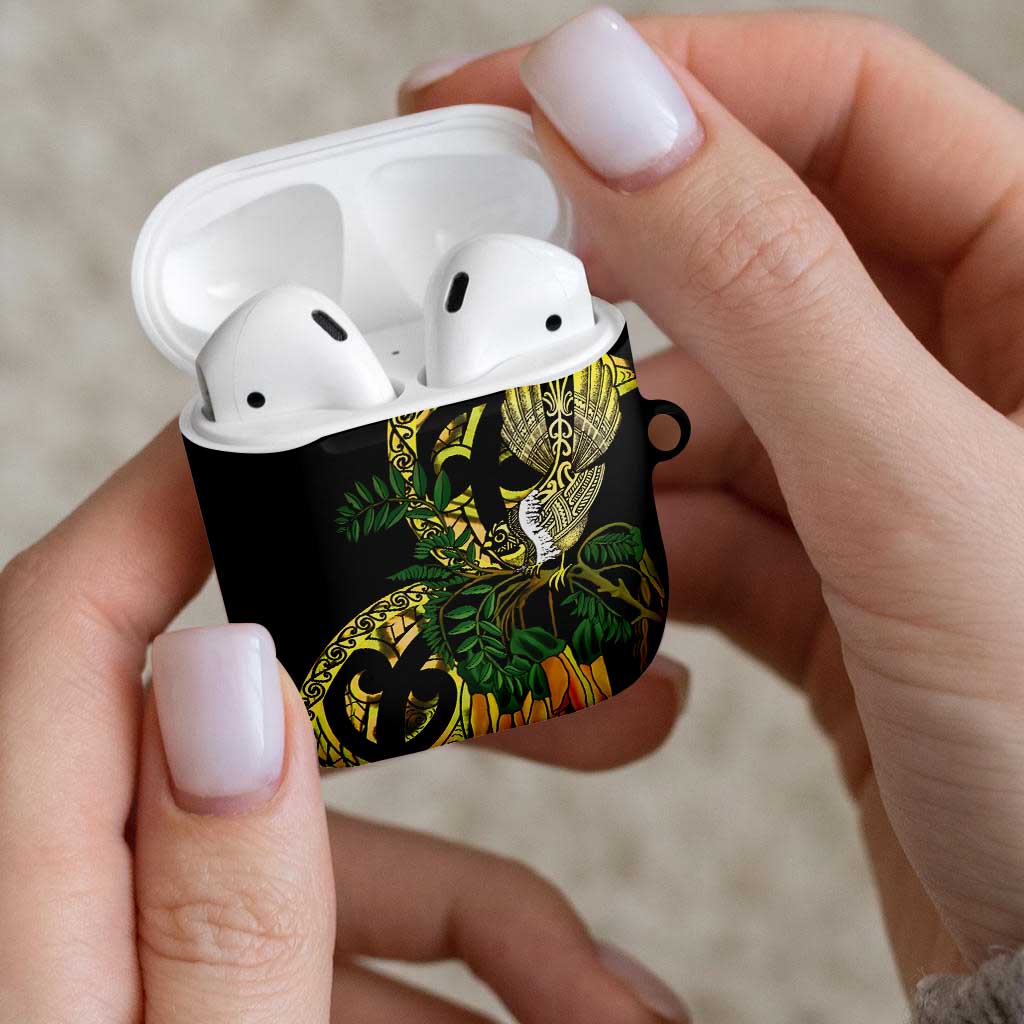 Yellow New Zealand Kowhai And Piwakawaka AirPods Case Maori Ngaru Paua Shell - Aussie Hoodie