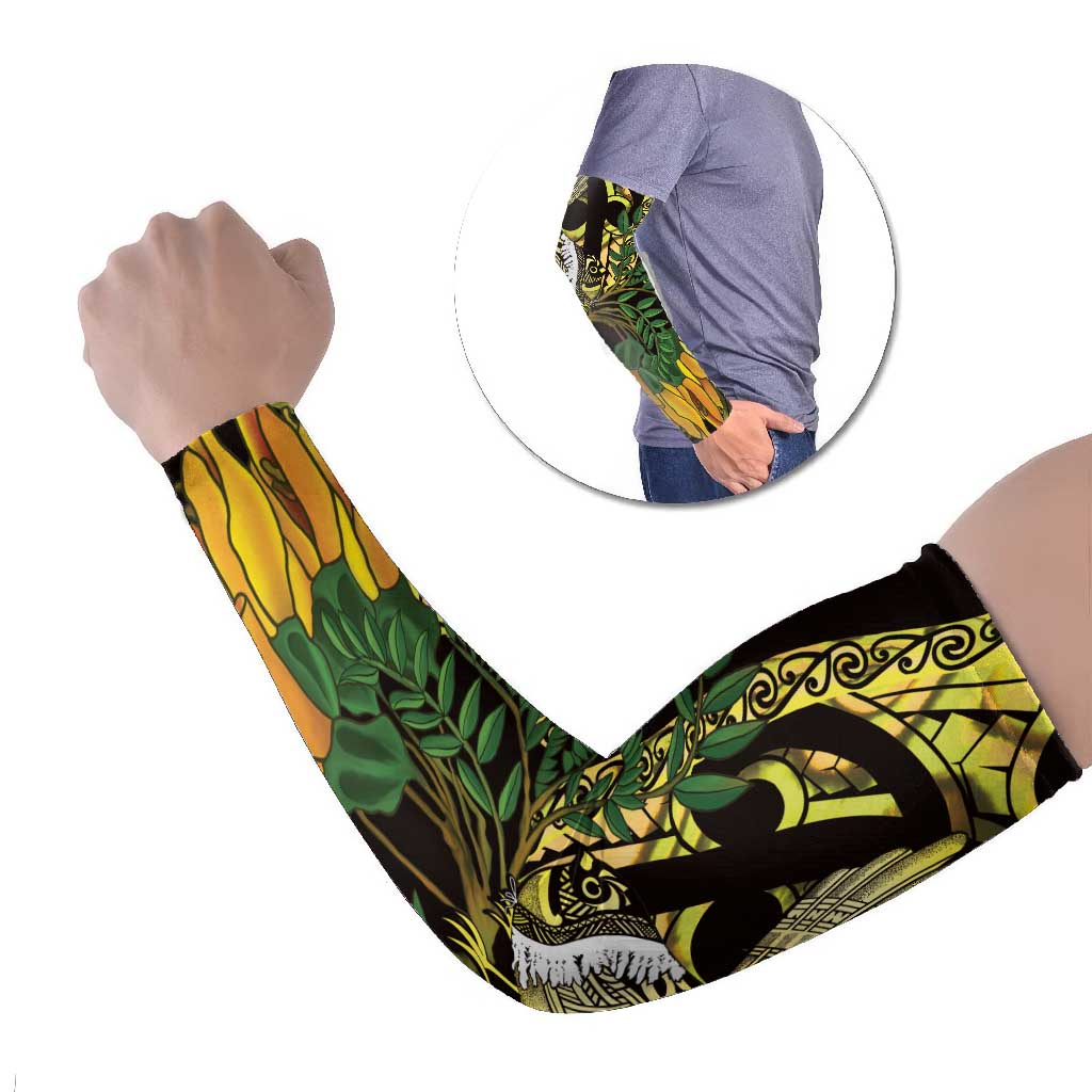 Yellow New Zealand Kowhai And Piwakawaka Arm Sleeves Maori Ngaru Paua Shell - Aussie Hoodie