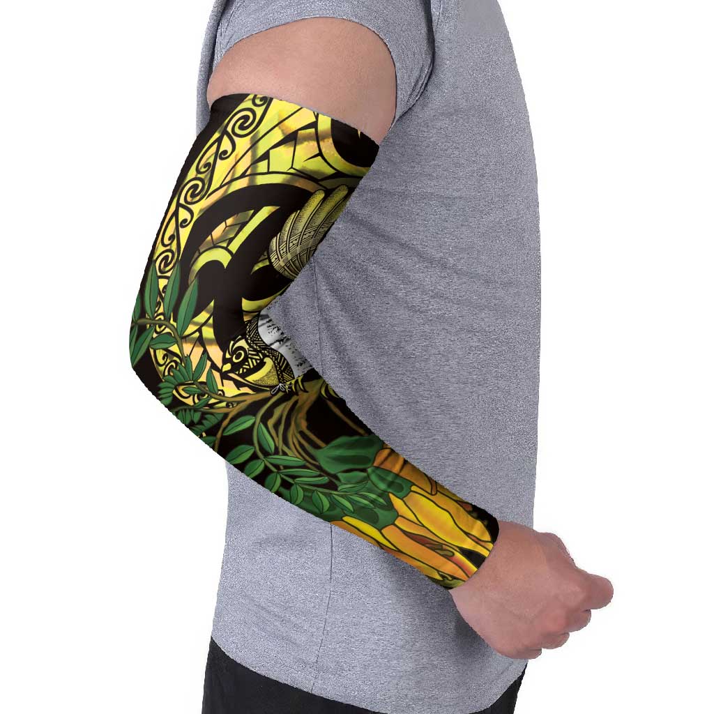 Yellow New Zealand Kowhai And Piwakawaka Arm Sleeves Maori Ngaru Paua Shell - Aussie Hoodie