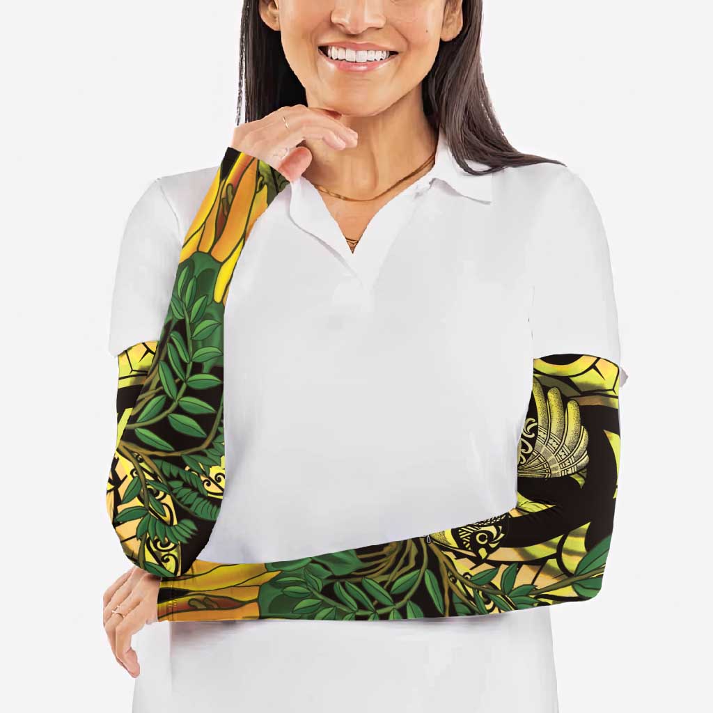 Yellow New Zealand Kowhai And Piwakawaka Arm Sleeves Maori Ngaru Paua Shell - Aussie Hoodie