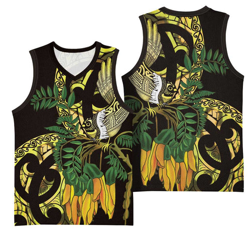 Yellow New Zealand Kowhai And Piwakawaka Basketball Jersey Maori Ngaru Paua Shell - Aussie Hoodie