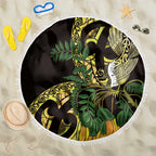 Yellow New Zealand Kowhai And Piwakawaka Beach Blanket Maori Ngaru Paua Shell