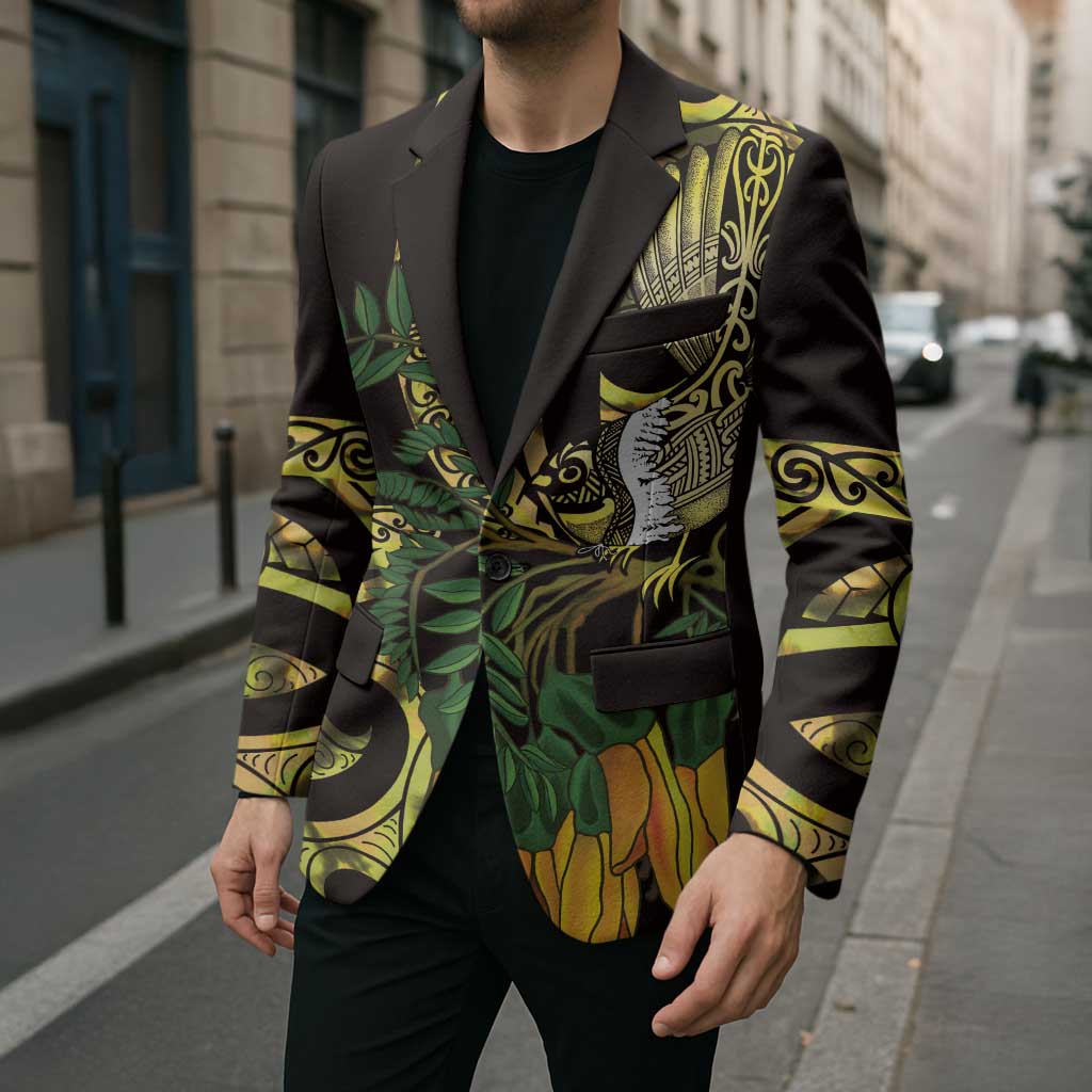 Yellow New Zealand Kowhai And Piwakawaka Blazer Maori Ngaru Paua Shell - Aussie Hoodie