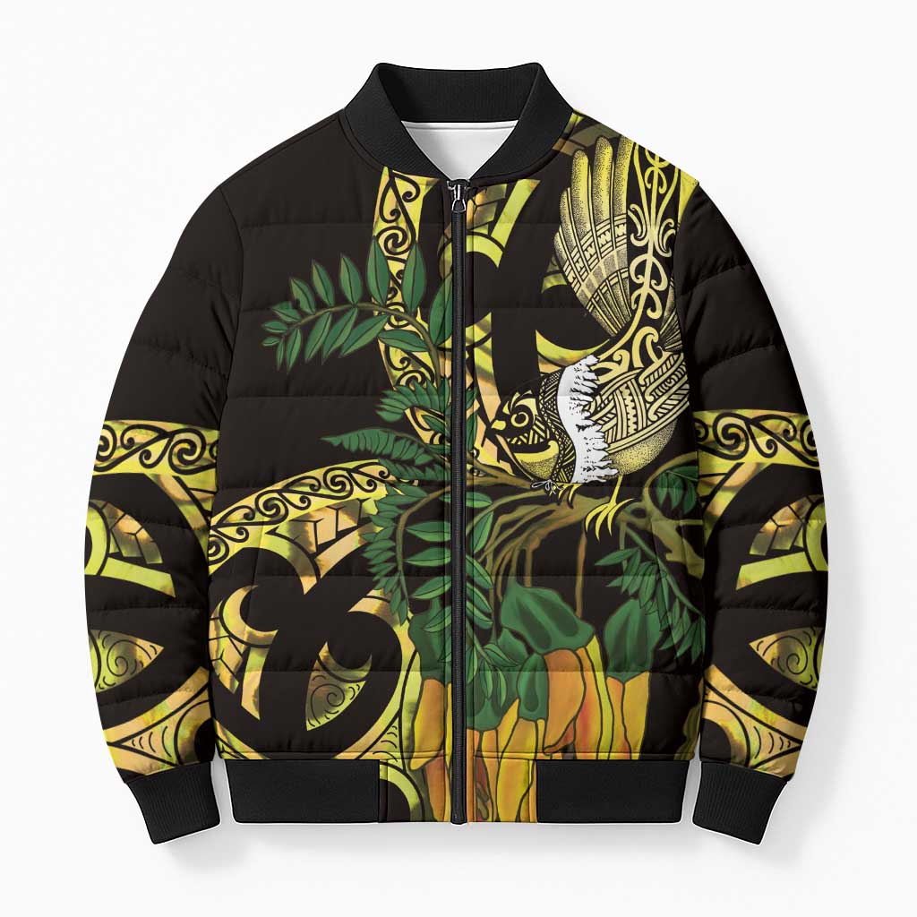 Yellow New Zealand Kowhai And Piwakawaka Bomber Puffer Jacket Maori Ngaru Paua Shell - Aussie Hoodie