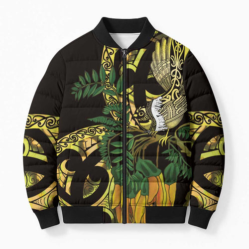 Yellow New Zealand Kowhai And Piwakawaka Bomber Puffer Jacket Maori Ngaru Paua Shell - Aussie Hoodie