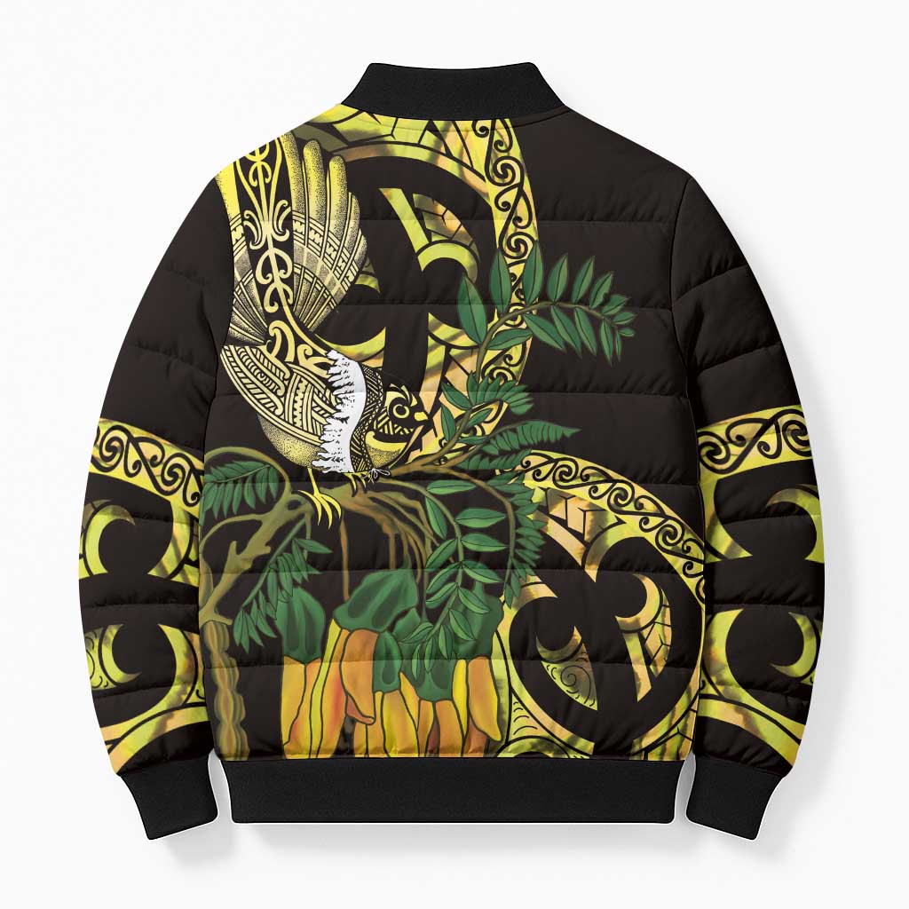 Yellow New Zealand Kowhai And Piwakawaka Bomber Puffer Jacket Maori Ngaru Paua Shell - Aussie Hoodie