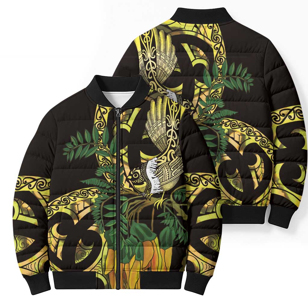 Yellow New Zealand Kowhai And Piwakawaka Bomber Puffer Jacket Maori Ngaru Paua Shell - Aussie Hoodie