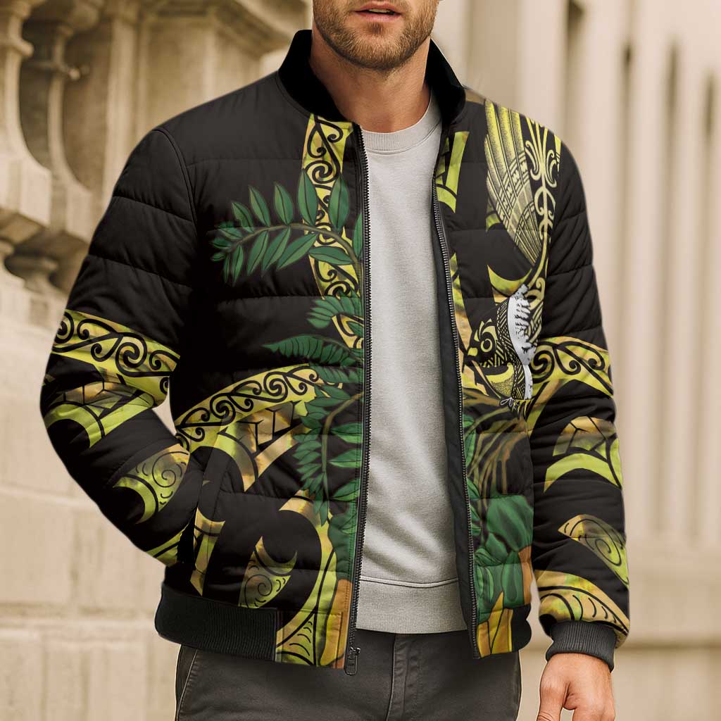 Yellow New Zealand Kowhai And Piwakawaka Bomber Puffer Jacket Maori Ngaru Paua Shell - Aussie Hoodie