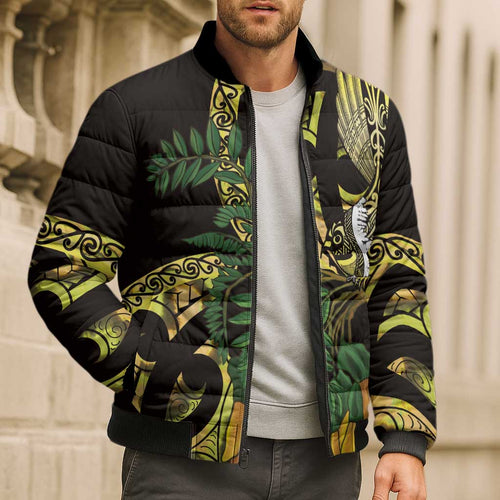 Yellow New Zealand Kowhai And Piwakawaka Bomber Puffer Jacket Maori Ngaru Paua Shell - Aussie Hoodie