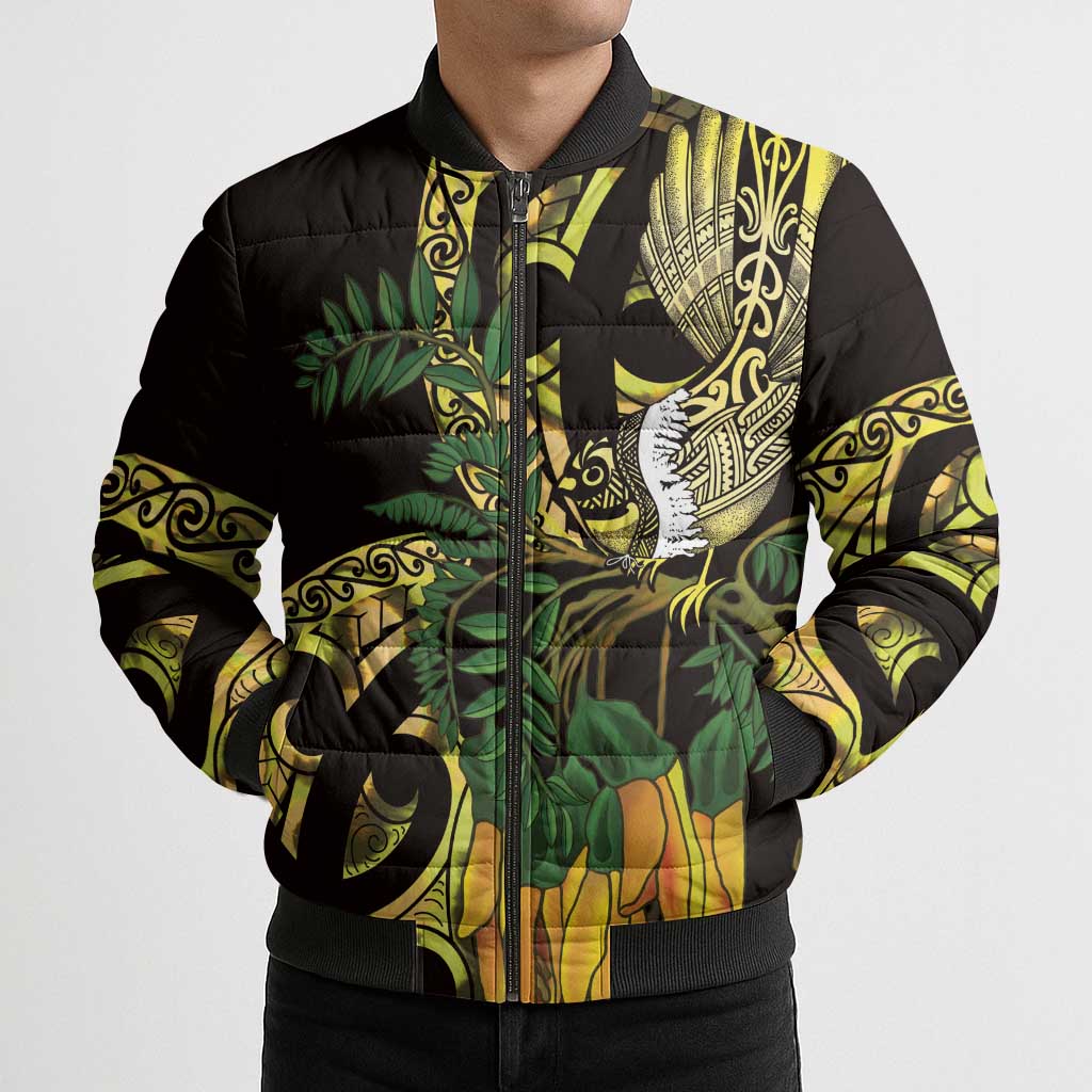 Yellow New Zealand Kowhai And Piwakawaka Bomber Puffer Jacket Maori Ngaru Paua Shell - Aussie Hoodie