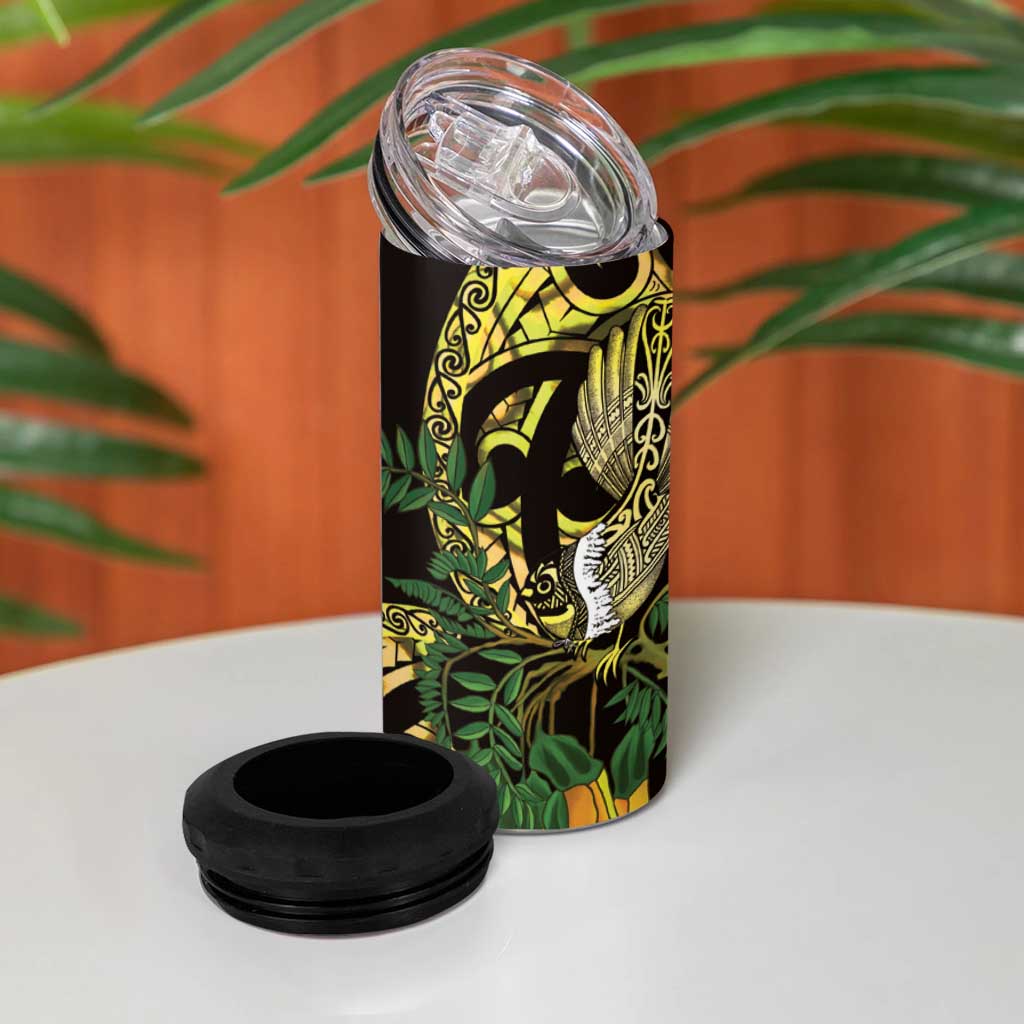 Yellow New Zealand Kowhai And Piwakawaka 4 in 1 Can Cooler Tumbler Maori Ngaru Paua Shell