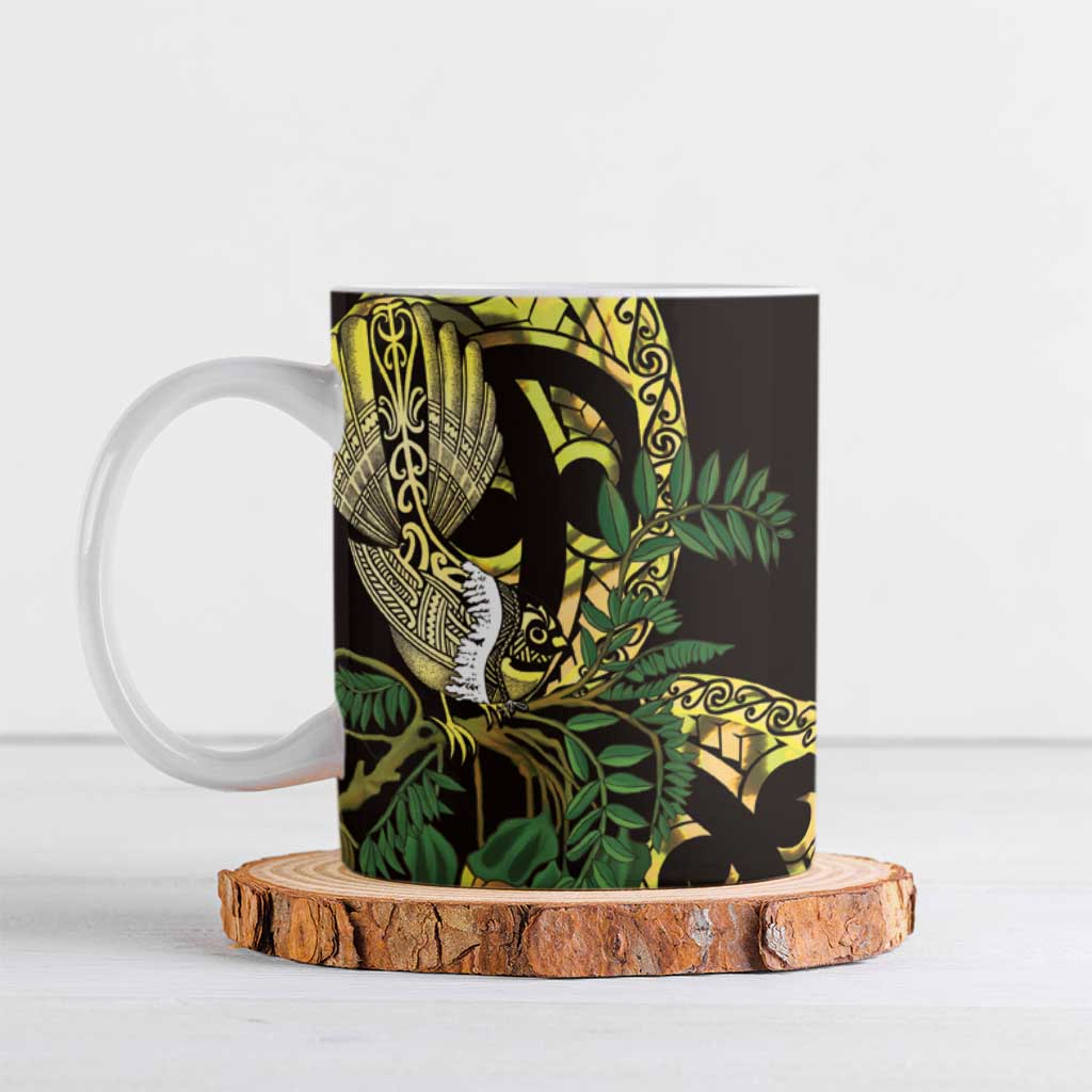 Yellow New Zealand Kowhai And Piwakawaka Ceramic Mug Maori Ngaru Paua Shell - Aussie Hoodie