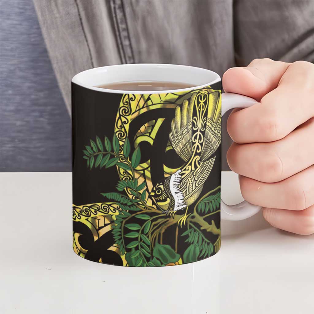 Yellow New Zealand Kowhai And Piwakawaka Ceramic Mug Maori Ngaru Paua Shell - Aussie Hoodie
