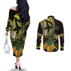 Yellow New Zealand Kowhai And Piwakawaka Couples Matching Off The Shoulder Long Sleeve Dress and Long Sleeve Button Shirt Maori Ngaru Paua Shell