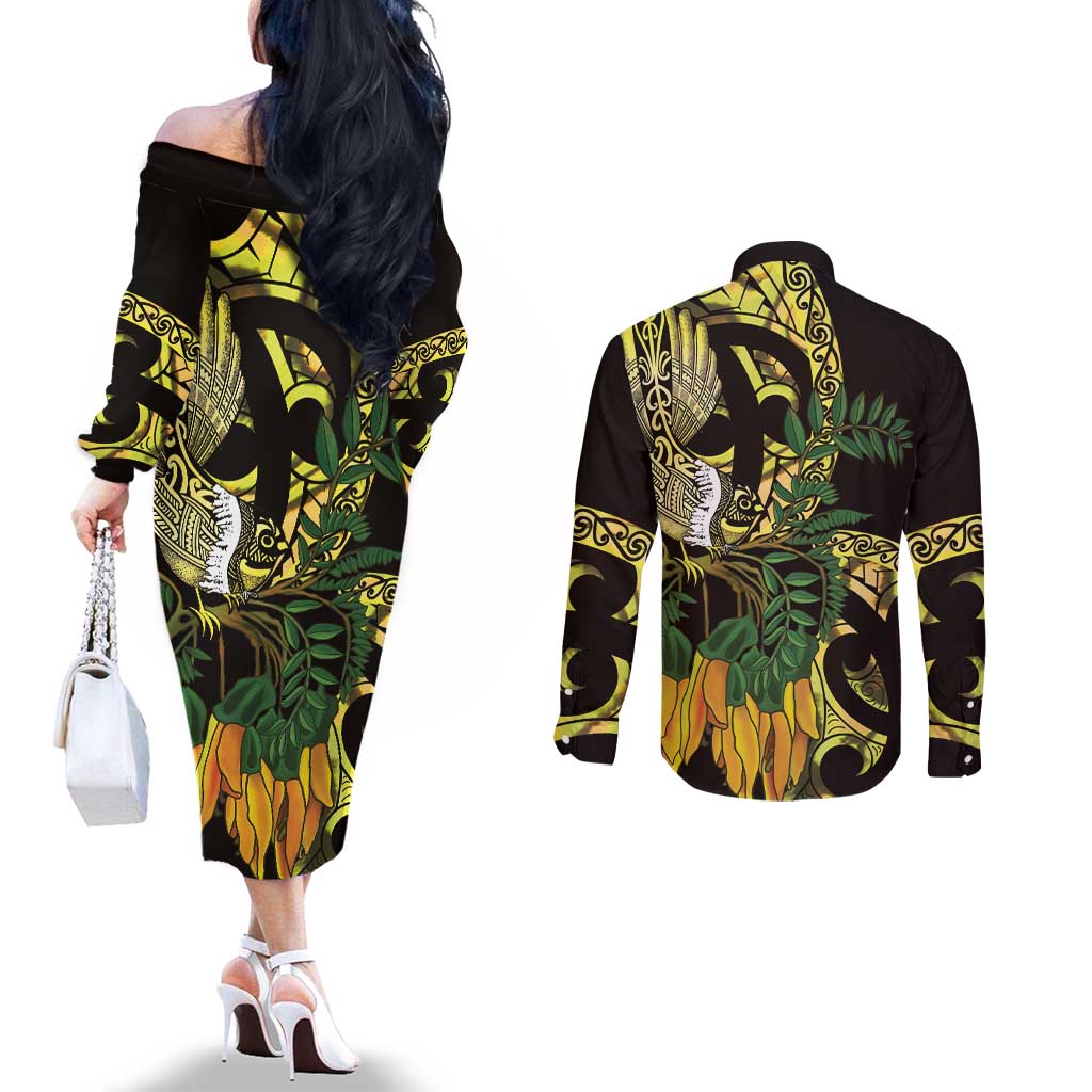 Yellow New Zealand Kowhai And Piwakawaka Couples Matching Off The Shoulder Long Sleeve Dress and Long Sleeve Button Shirt Maori Ngaru Paua Shell