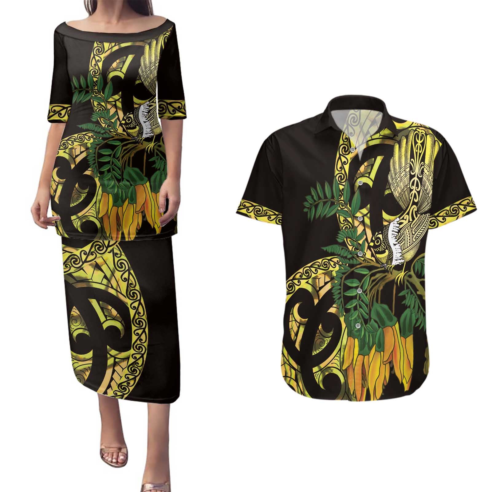 Yellow New Zealand Kowhai And Piwakawaka Couples Matching Puletasi and Hawaiian Shirt Maori Ngaru Paua Shell