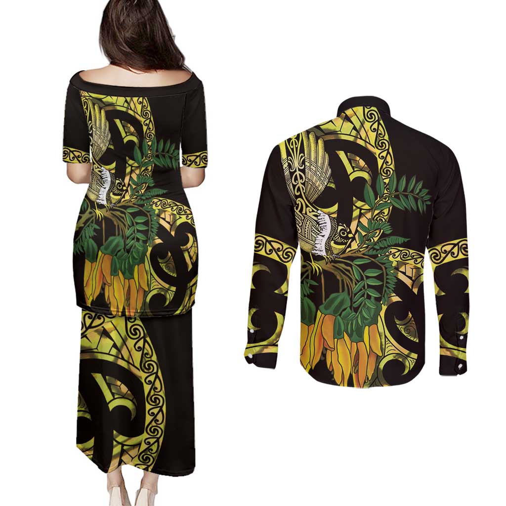 Yellow New Zealand Kowhai And Piwakawaka Couples Matching Puletasi and Long Sleeve Button Shirt Maori Ngaru Paua Shell