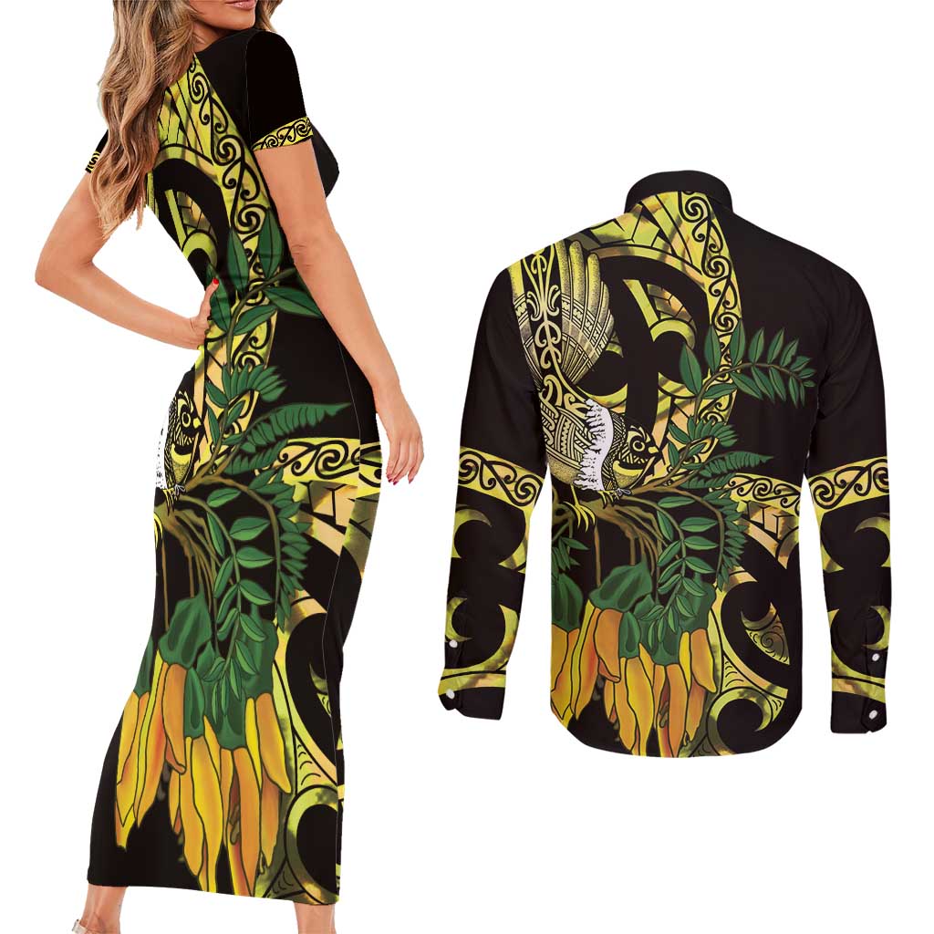 Yellow New Zealand Kowhai And Piwakawaka Couples Matching Short Sleeve Bodycon Dress and Long Sleeve Button Shirt Maori Ngaru Paua Shell
