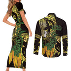 Yellow New Zealand Kowhai And Piwakawaka Couples Matching Short Sleeve Bodycon Dress and Long Sleeve Button Shirt Maori Ngaru Paua Shell