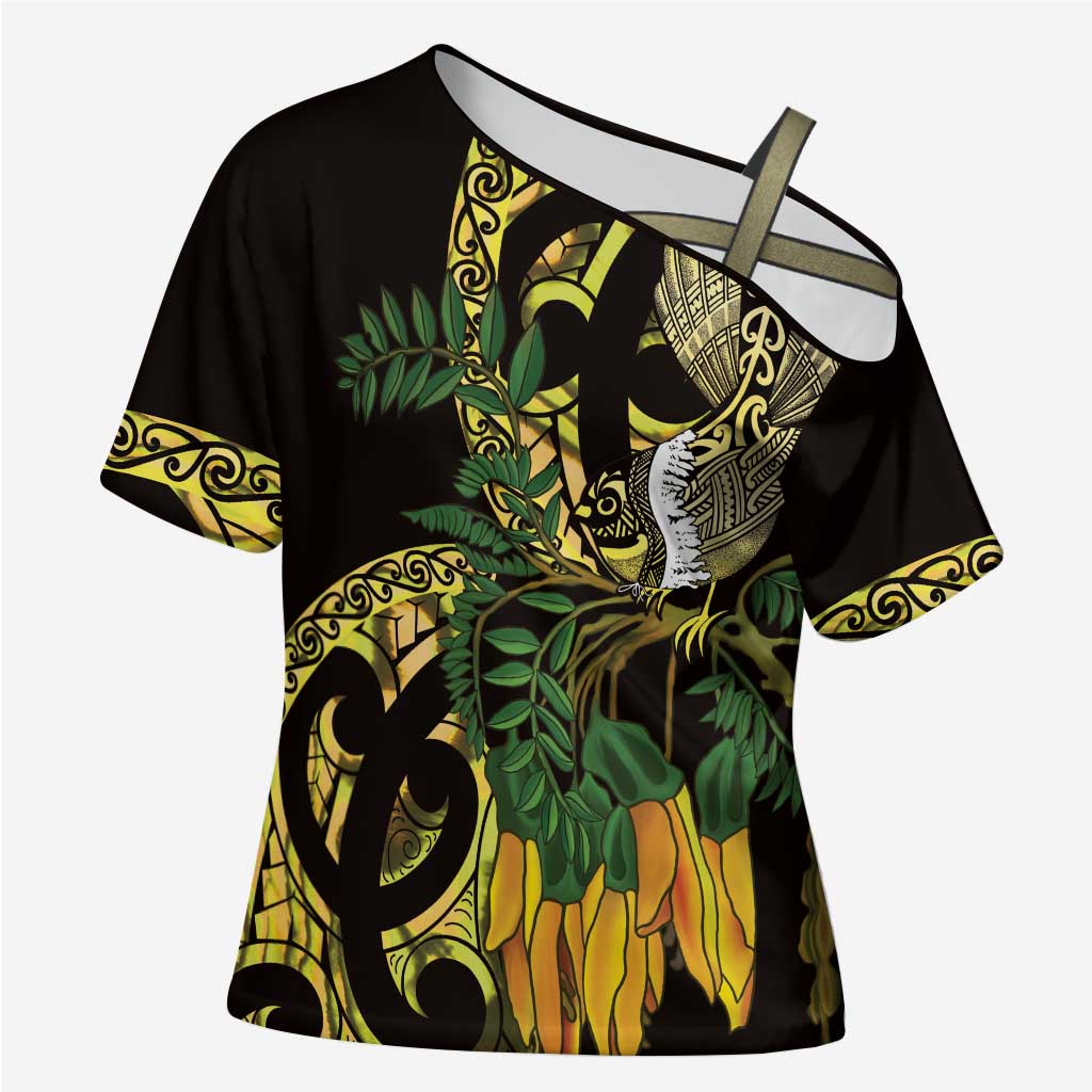 Yellow New Zealand Kowhai And Piwakawaka Cross Shoulder Shirt Maori Ngaru Paua Shell - Aussie Hoodie