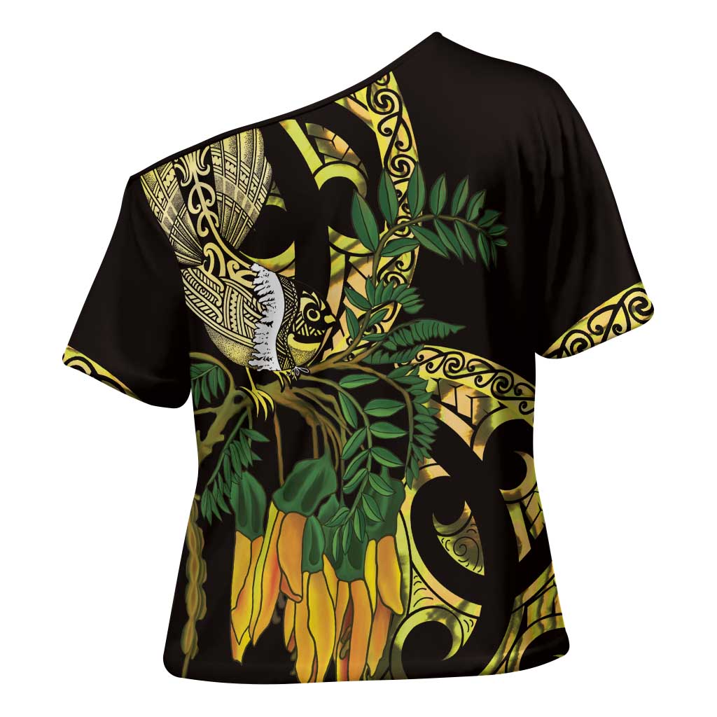 Yellow New Zealand Kowhai And Piwakawaka Cross Shoulder Shirt Maori Ngaru Paua Shell - Aussie Hoodie