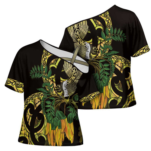 Yellow New Zealand Kowhai And Piwakawaka Cross Shoulder Shirt Maori Ngaru Paua Shell - Aussie Hoodie