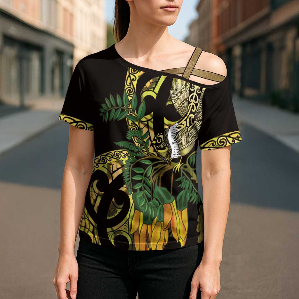 Yellow New Zealand Kowhai And Piwakawaka Cross Shoulder Shirt Maori Ngaru Paua Shell - Aussie Hoodie