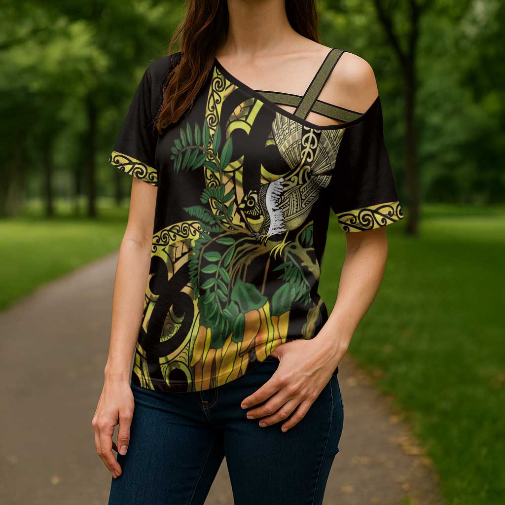 Yellow New Zealand Kowhai And Piwakawaka Cross Shoulder Shirt Maori Ngaru Paua Shell - Aussie Hoodie