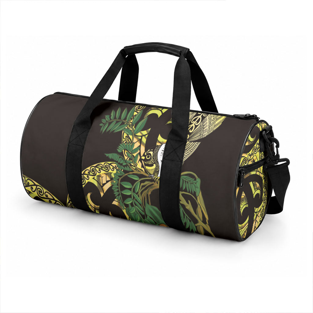 Yellow New Zealand Kowhai And Piwakawaka Duffle Bag Maori Ngaru Paua Shell