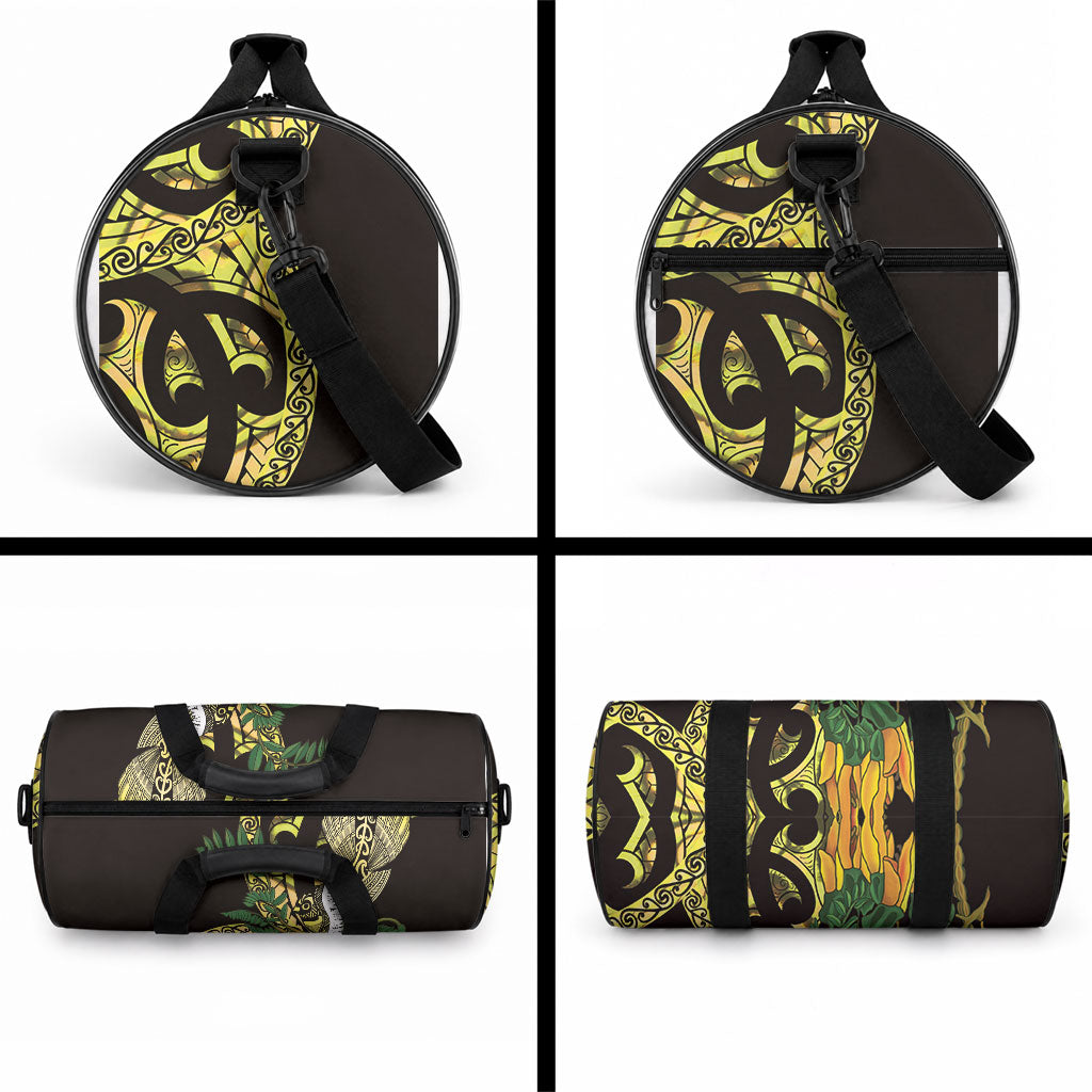 Yellow New Zealand Kowhai And Piwakawaka Duffle Bag Maori Ngaru Paua Shell