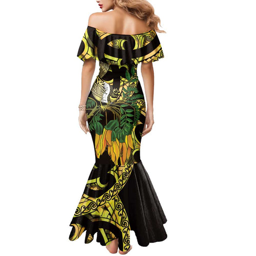 Yellow New Zealand Kowhai And Piwakawaka Family Matching Mermaid Dress and Hawaiian Shirt Maori Ngaru Paua Shell
